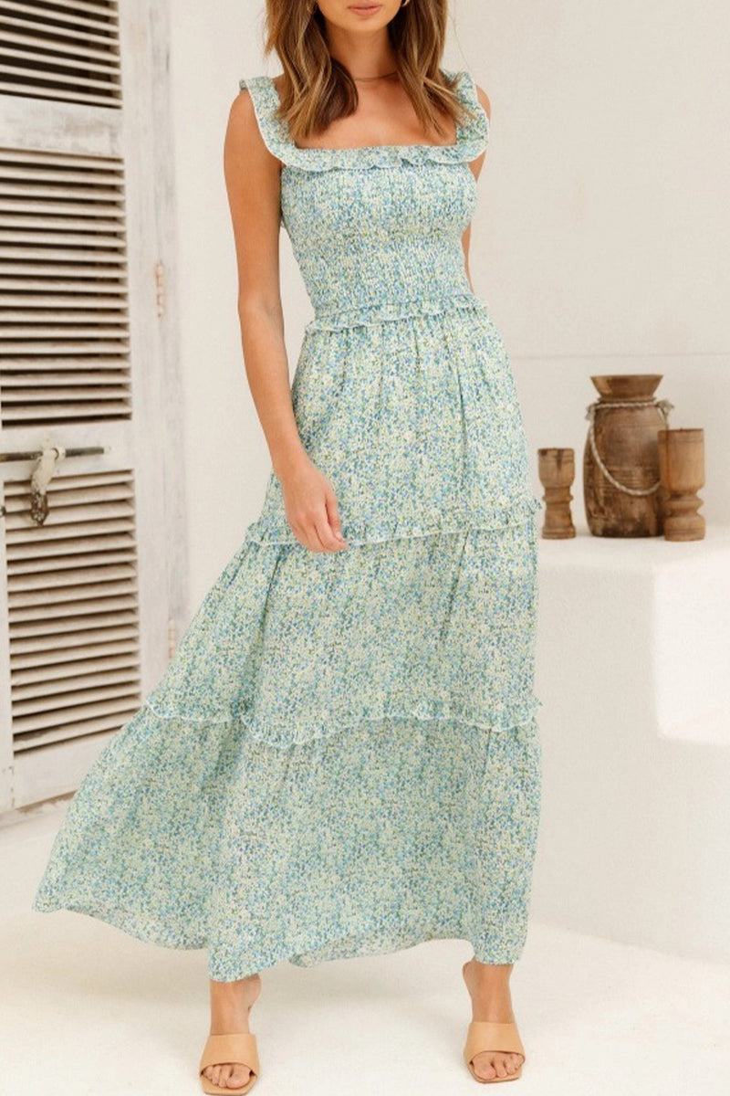 Sofia® | Sweet Elegant Floral Print Pleated Selvedge Shoulder A-Line Dresses (5 Colors)