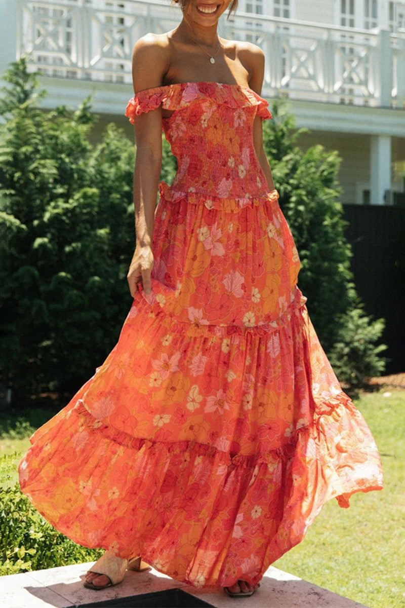 Sofia® | Sweet Elegant Floral Print Pleated Selvedge Shoulder A-Line Dresses (5 Colors)