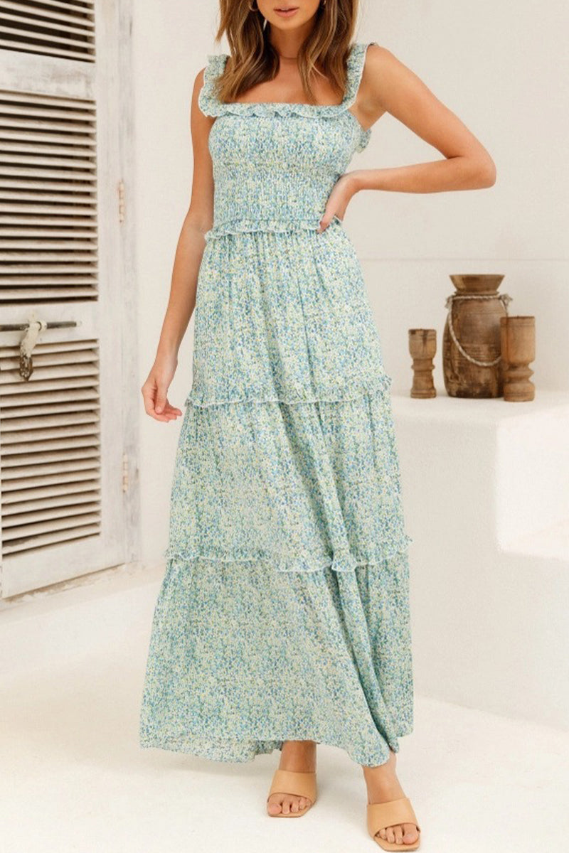 Sofia® | Sweet Elegant Floral Print Pleated Selvedge Shoulder A-Line Dresses (5 Colors)