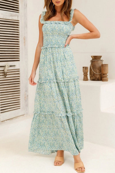 Sofia® | Sweet Elegant Floral Print Pleated Selvedge Shoulder A-Line Dresses (5 Colors)