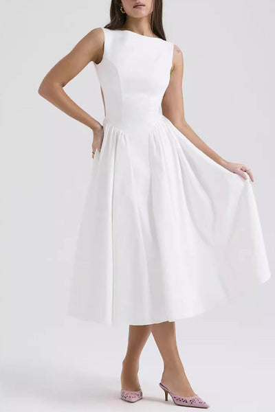 Rebeca® | Elegant, simple, plain, backless, sleeveless dresses with O-neck