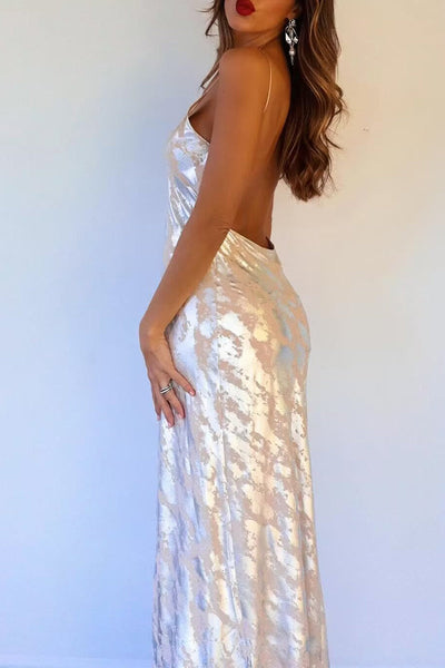 Nélida® | Sexy bronzing backless V-neck one tier skirt dresses