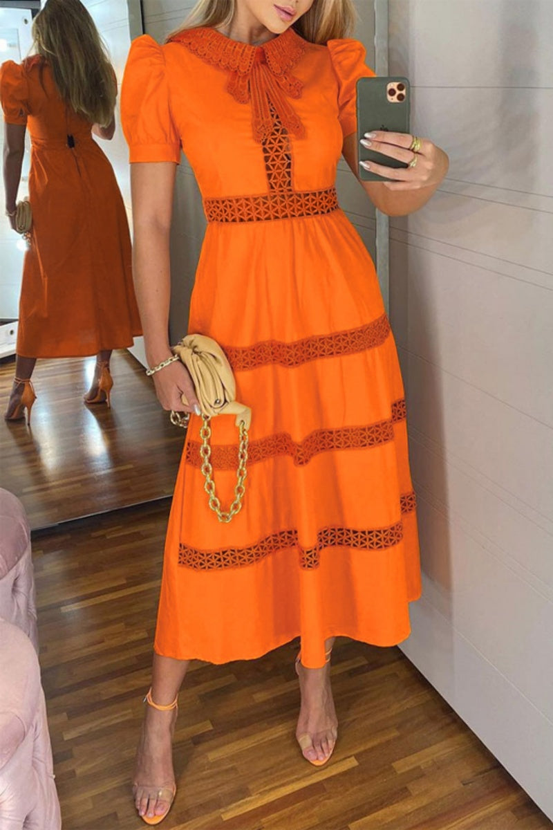Natalia® | Casual, solid patchwork dresses with turn-down collars and short sleeves