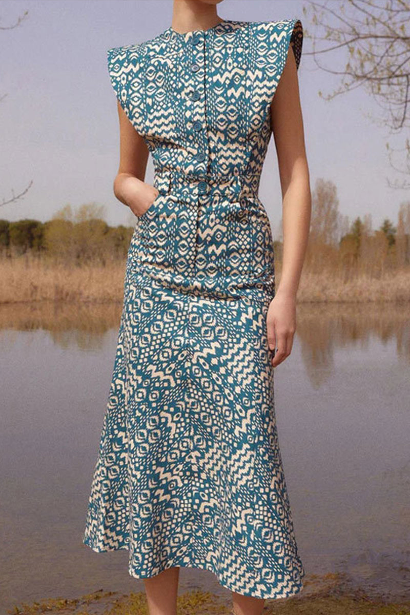 Norma® | Elegant dresses with floral pocket buttons, O-neck and one-tier skirt