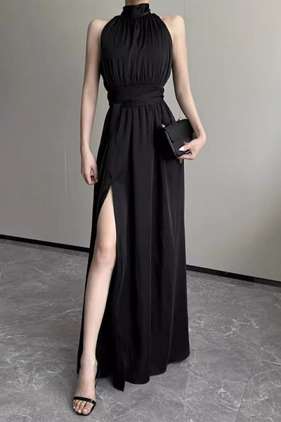 Karol® | Elegant solid color dresses with halter waist skirt and slit
