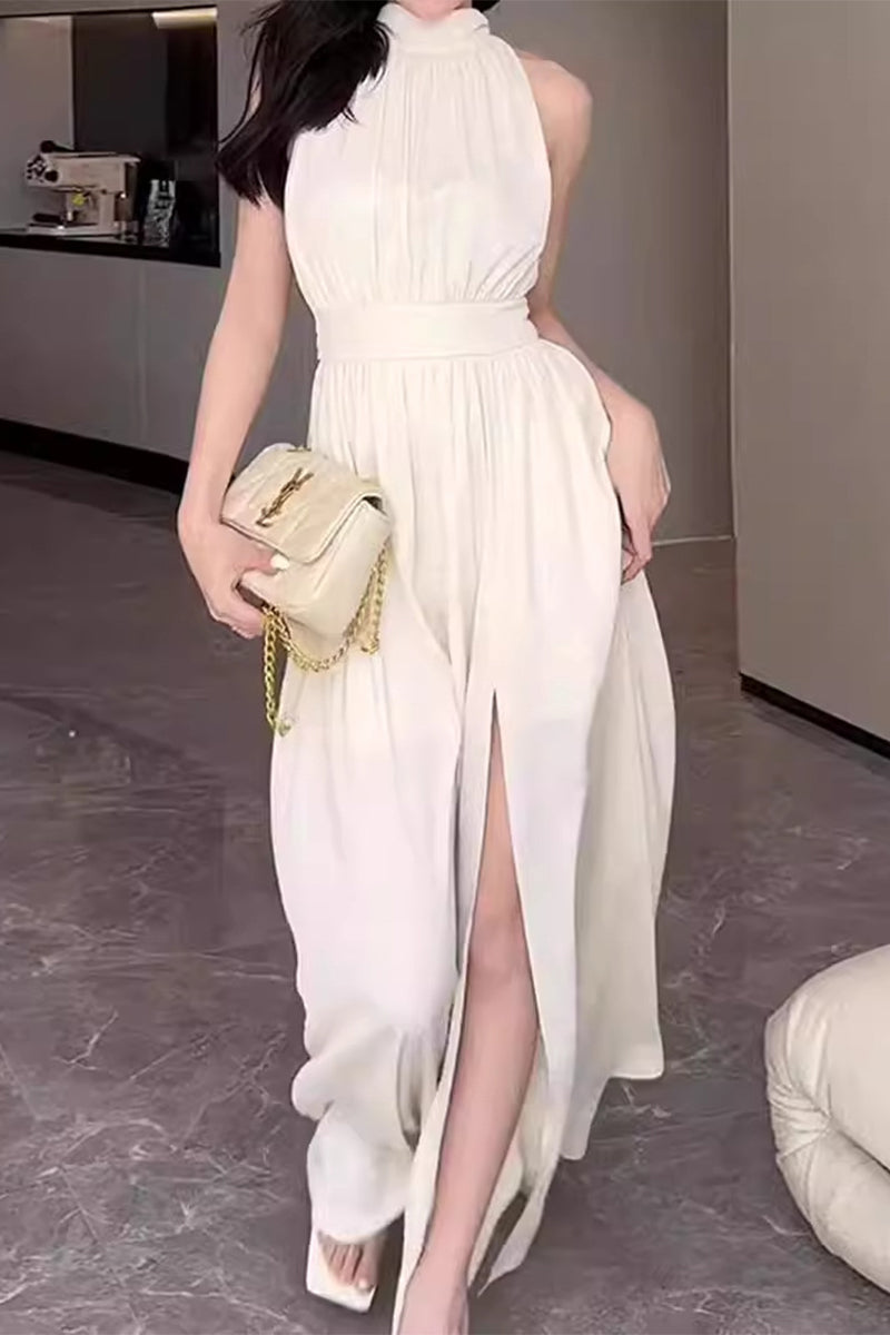 Karol® | Elegant solid color dresses with halter waist skirt and slit