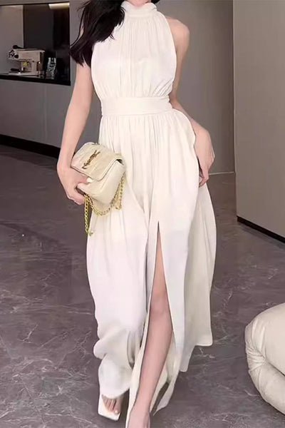 Karol® | Elegant solid color dresses with halter waist skirt and slit