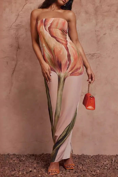 Leticia® | Casual Printed Floral Slit Zipper Strapless One Step Skirt Dresses