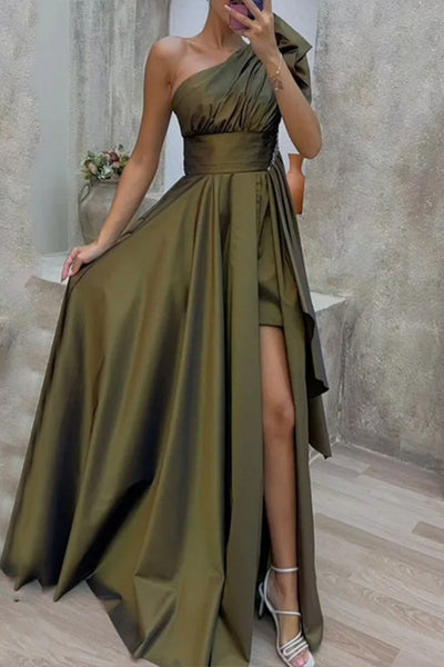 Francisca® | Casual solid long dresses with patchwork slit and slanted collar