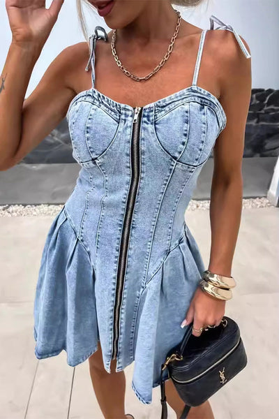Irina® | Casual Solid Color Sleeveless Regular Zipper V-Neck Denim Dresses