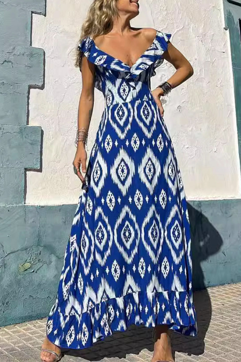 Iliana® | Sexy A-line dresses with flounce and V-neck and geometric print