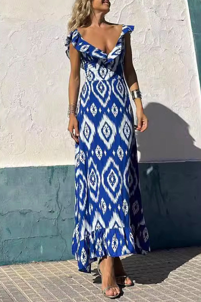 Iliana® | Sexy A-line dresses with flounce and V-neck and geometric print