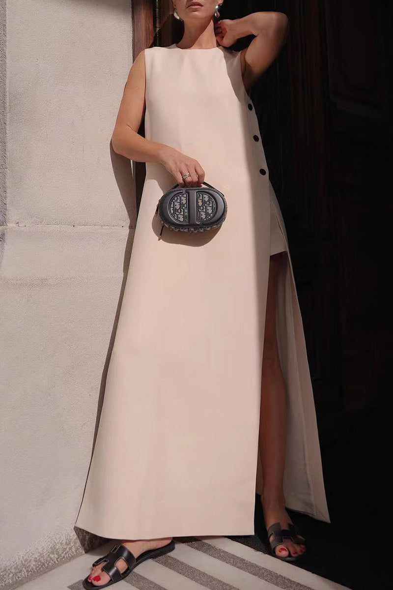Glenda® | Casual solid color sleeveless dresses with buttons and O-neck