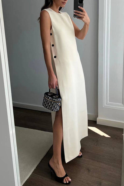 Glenda® | Casual solid color sleeveless dresses with buttons and O-neck