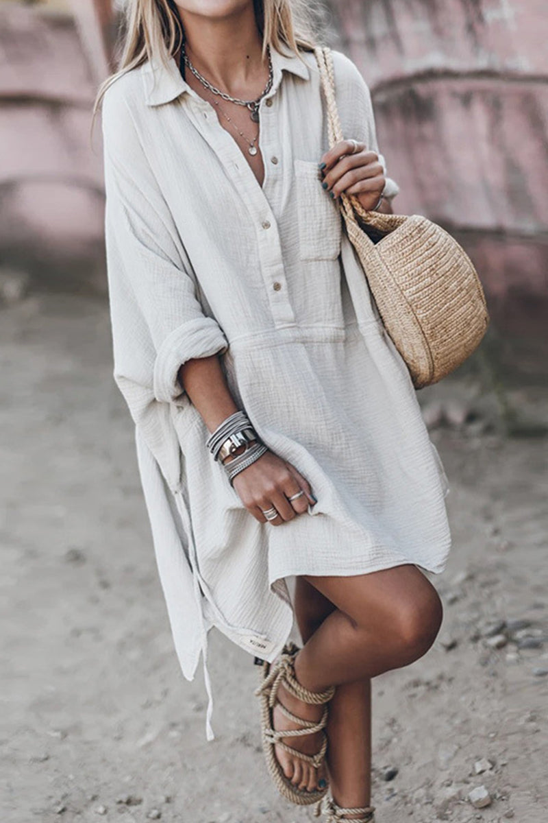 Flavia® | Casual solid color dresses with drawstring and pocket buttons, turn-down collar and irregular dresses