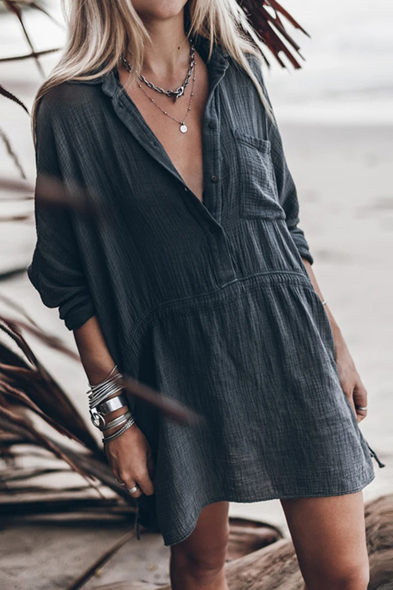 Flavia® | Casual solid color dresses with drawstring and pocket buttons, turn-down collar and irregular dresses