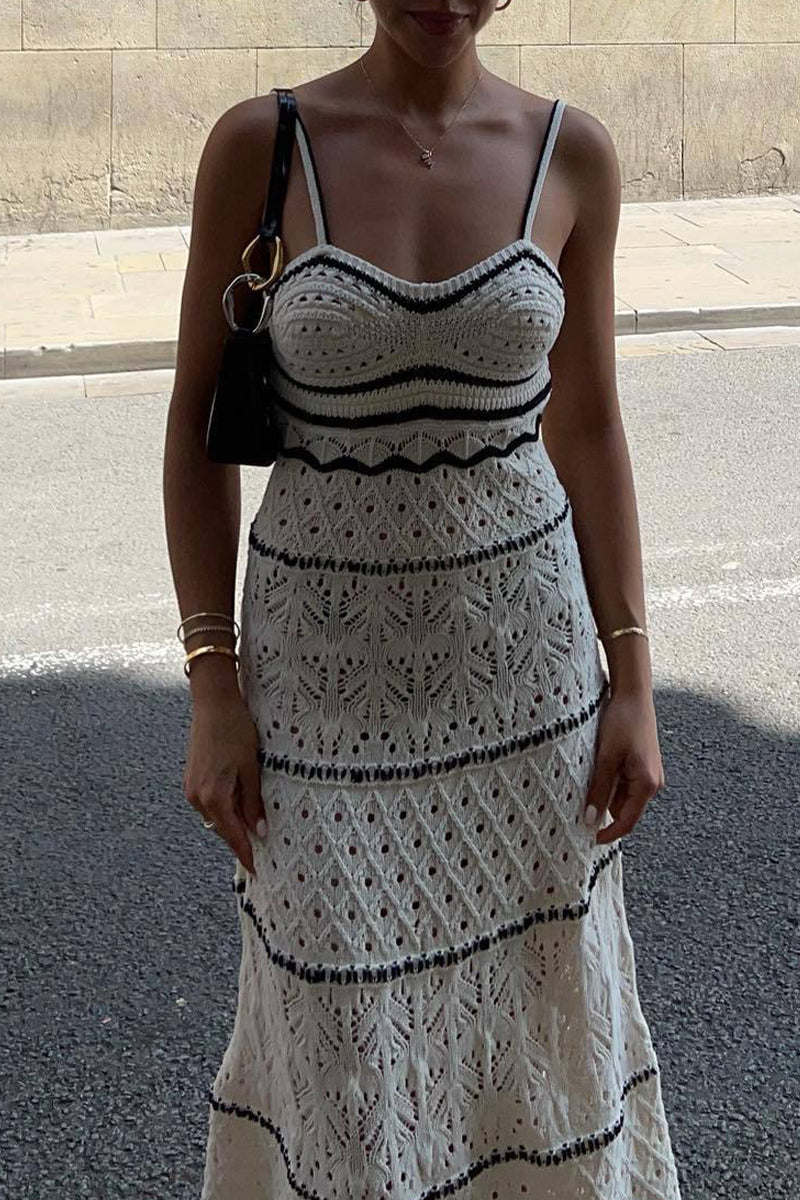 Fabiola® | Sexy solid color hollow out contrast color one tier V neck skirt dresses
