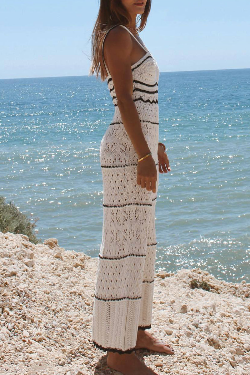 Fabiola® | Sexy solid color hollow out contrast color one tier V neck skirt dresses