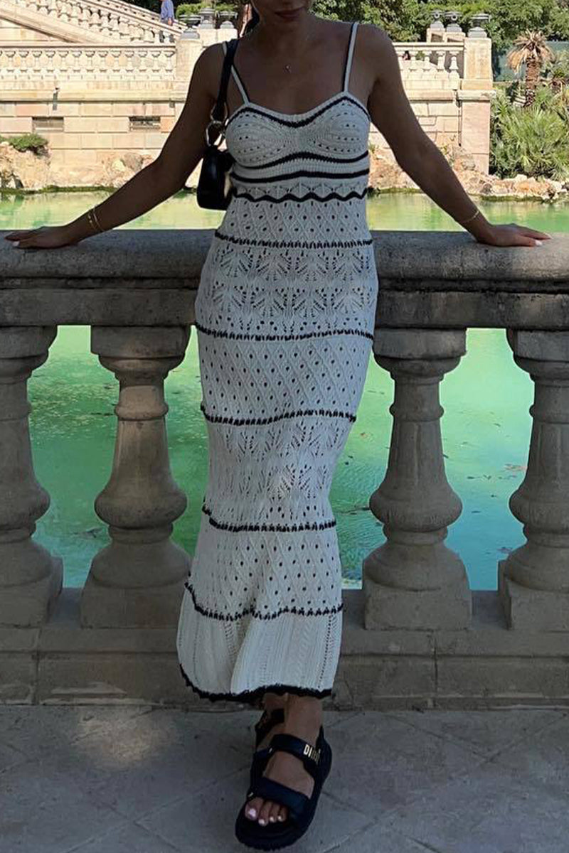 Fabiola® | Sexy solid color hollow out contrast color one tier V neck skirt dresses