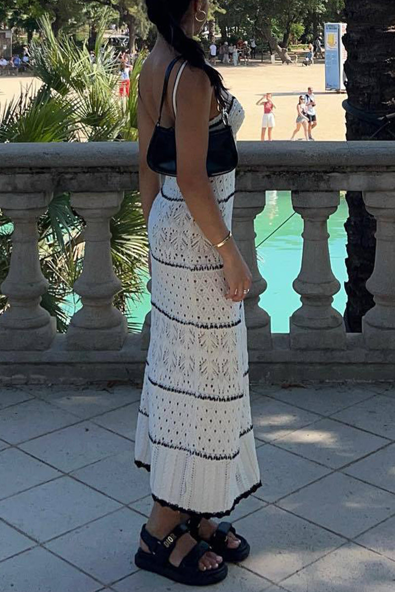 Fabiola® | Sexy solid color hollow out contrast color one tier V neck skirt dresses