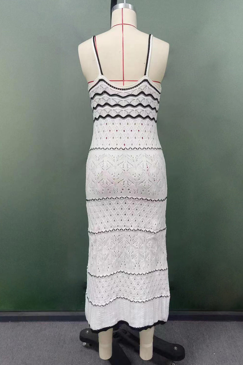 Fabiola® | Sexy solid color hollow out contrast color one tier V neck skirt dresses