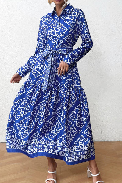 Esperanza® | Casual printed patchwork shirt collar long sleeve dresses