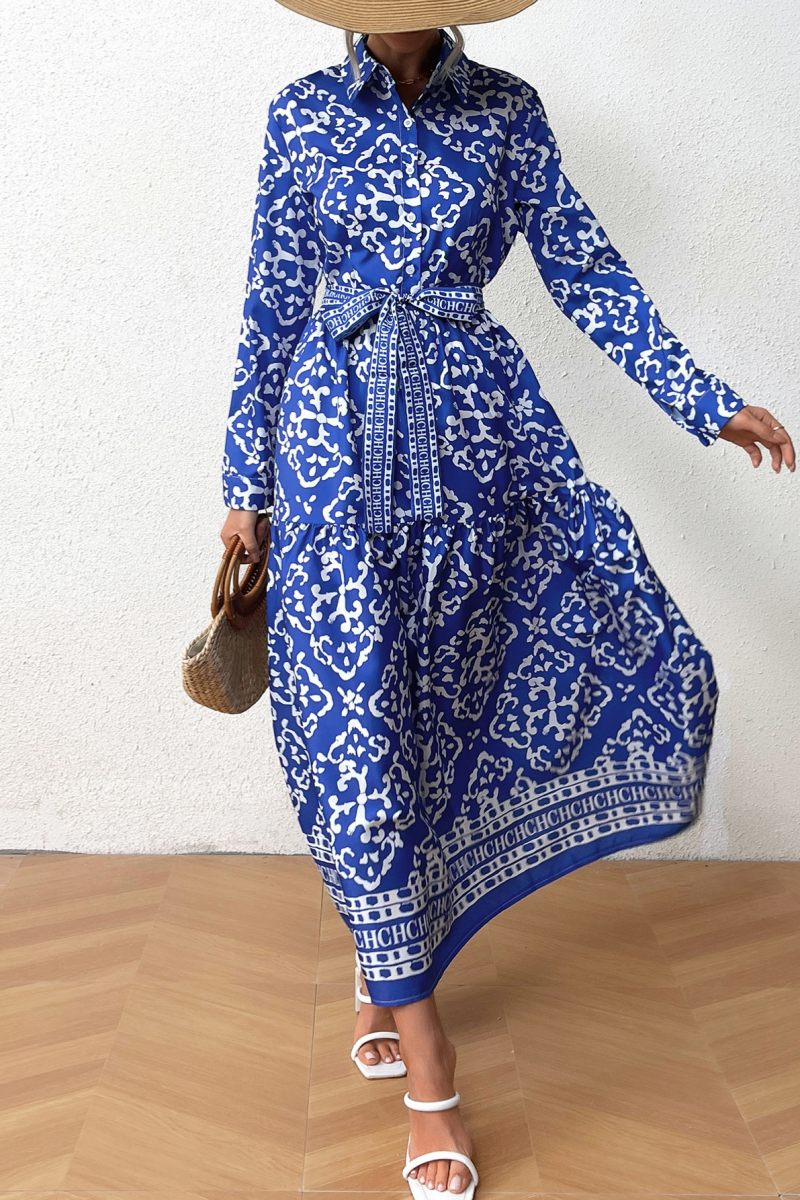 Esperanza® | Casual printed patchwork shirt collar long sleeve dresses