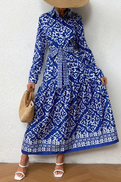 Esperanza® | Casual printed patchwork shirt collar long sleeve dresses