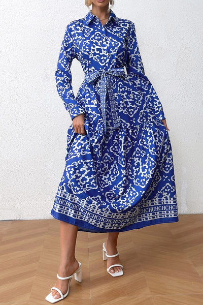 Esperanza® | Casual printed patchwork shirt collar long sleeve dresses