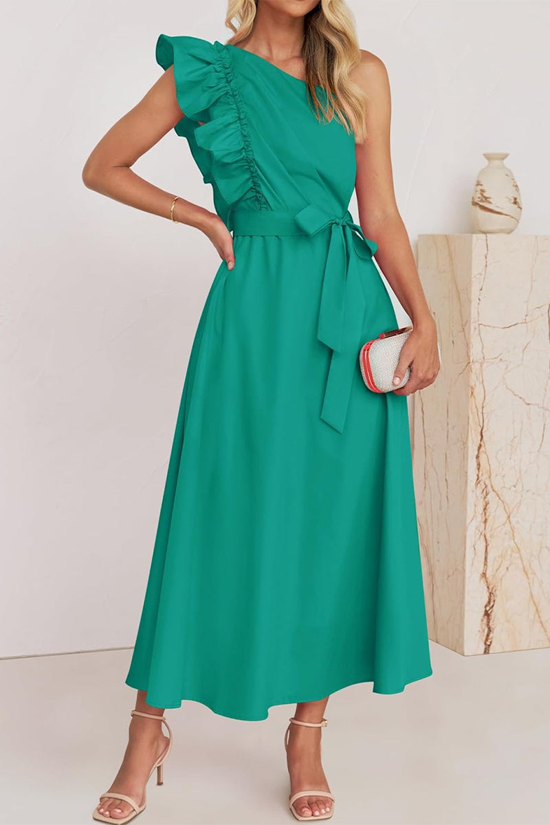 Elda® | Sweet Elegant Solid Color Thread Selvedge Slanted Collar A-Line Dresses (5 Colors)