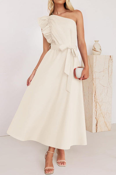 Elda® | Sweet Elegant Solid Color Thread Selvedge Slanted Collar A-Line Dresses (5 Colors)