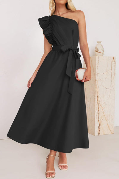 Elda® | Sweet Elegant Solid Color Thread Selvedge Slanted Collar A-Line Dresses (5 Colors)