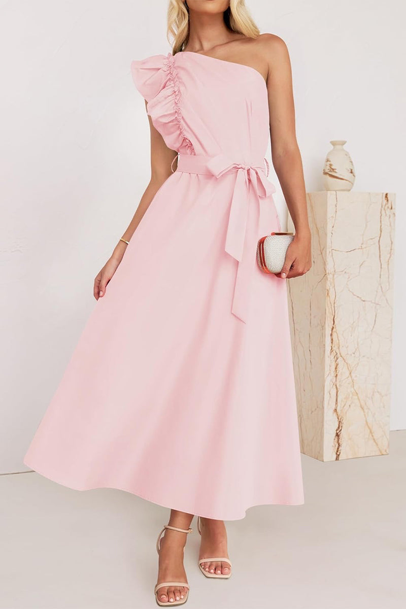 Elda® | Sweet Elegant Solid Color Thread Selvedge Slanted Collar A-Line Dresses (5 Colors)
