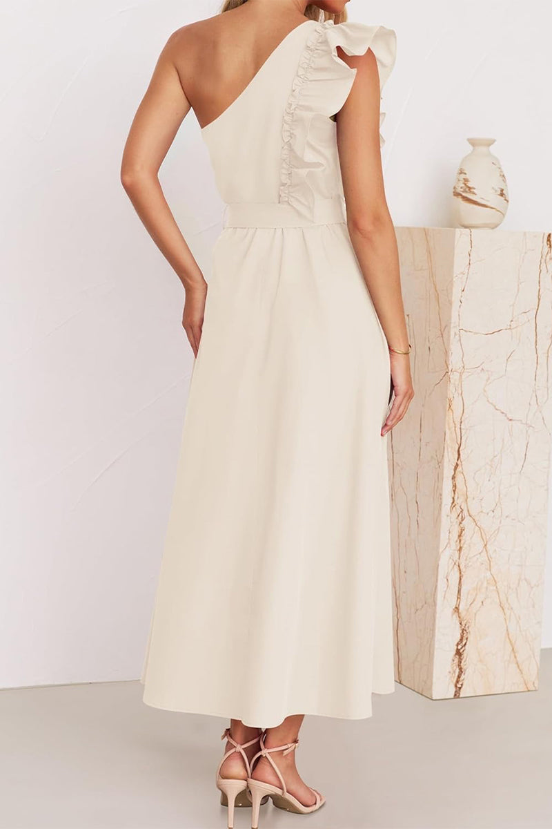 Elda® | Sweet Elegant Solid Color Thread Selvedge Slanted Collar A-Line Dresses (5 Colors)