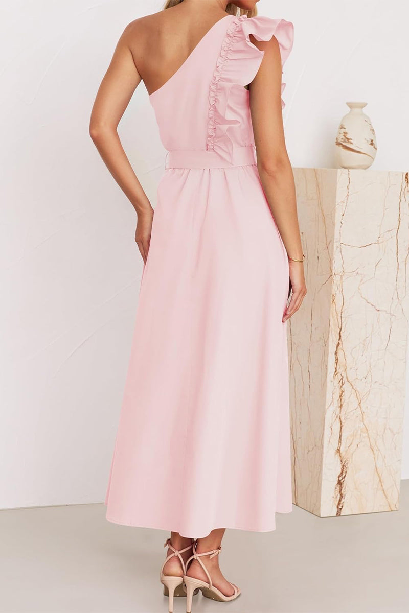 Elda® | Sweet Elegant Solid Color Thread Selvedge Slanted Collar A-Line Dresses (5 Colors)