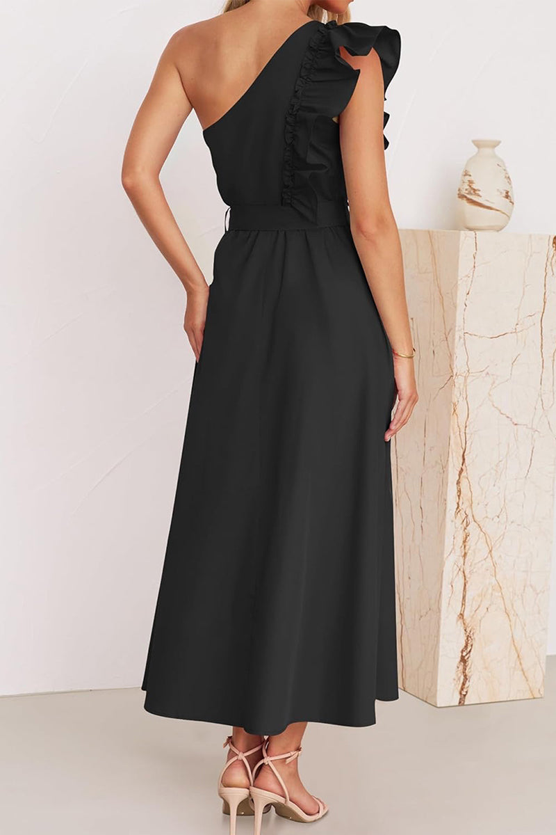 Elda® | Sweet Elegant Solid Color Thread Selvedge Slanted Collar A-Line Dresses (5 Colors)