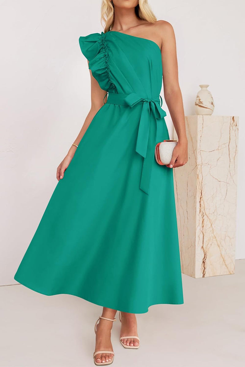 Elda® | Sweet Elegant Solid Color Thread Selvedge Slanted Collar A-Line Dresses (5 Colors)