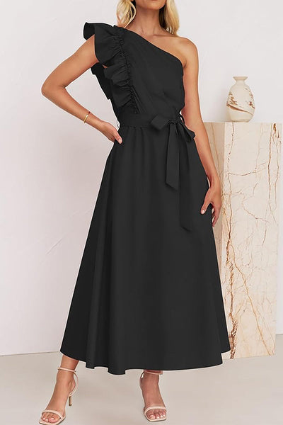 Elda® | Sweet Elegant Solid Color Thread Selvedge Slanted Collar A-Line Dresses (5 Colors)