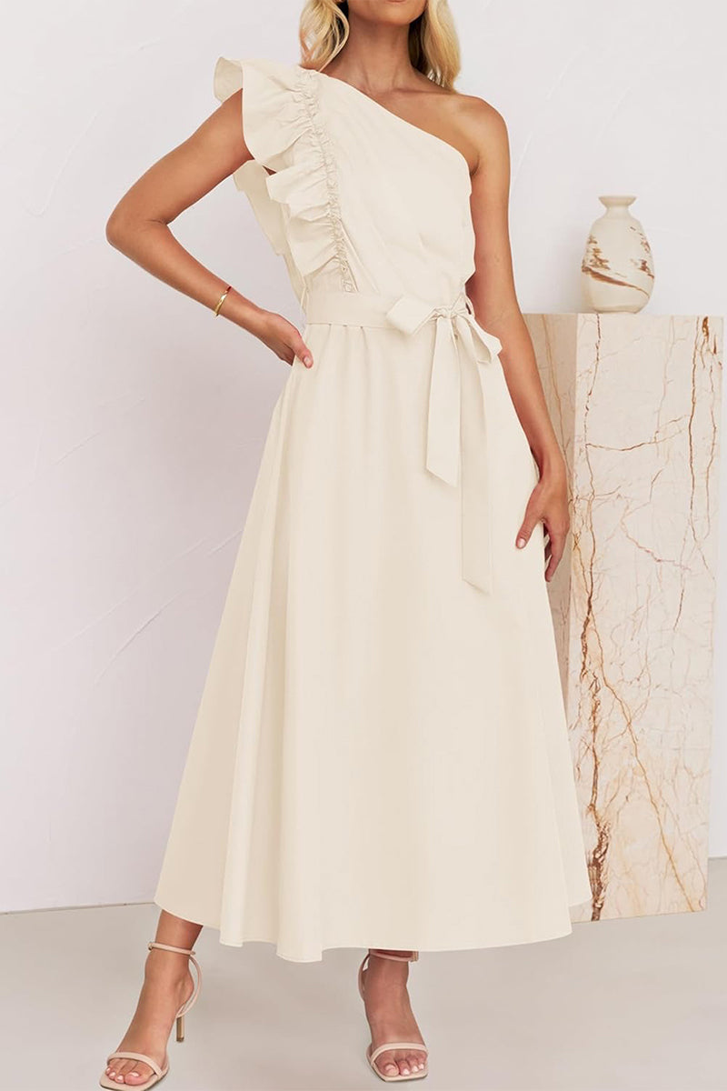 Elda® | Sweet Elegant Solid Color Thread Selvedge Slanted Collar A-Line Dresses (5 Colors)
