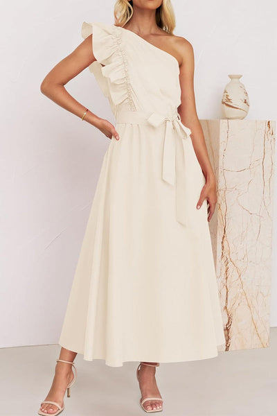 Elda® | Sweet Elegant Solid Color Thread Selvedge Slanted Collar A-Line Dresses (5 Colors)