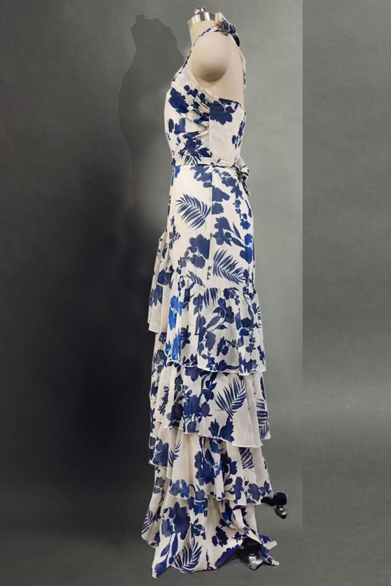 Edith® | Elegant asymmetrical irregular halterneck dresses with floral flounce