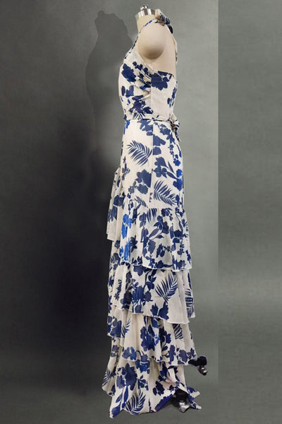 Edith® | Elegant asymmetrical irregular halterneck dresses with floral flounce