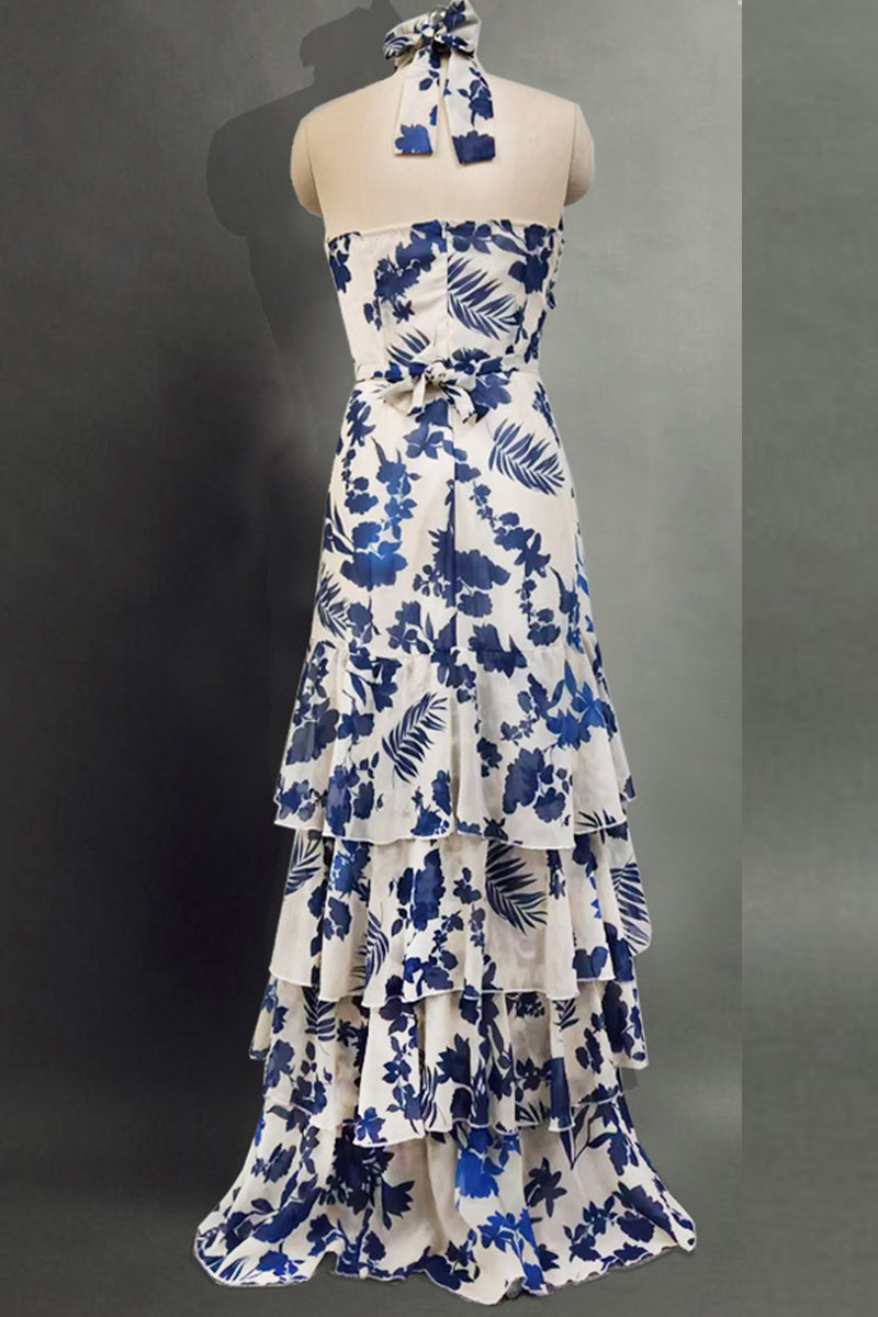 Edith® | Elegant asymmetrical irregular halterneck dresses with floral flounce
