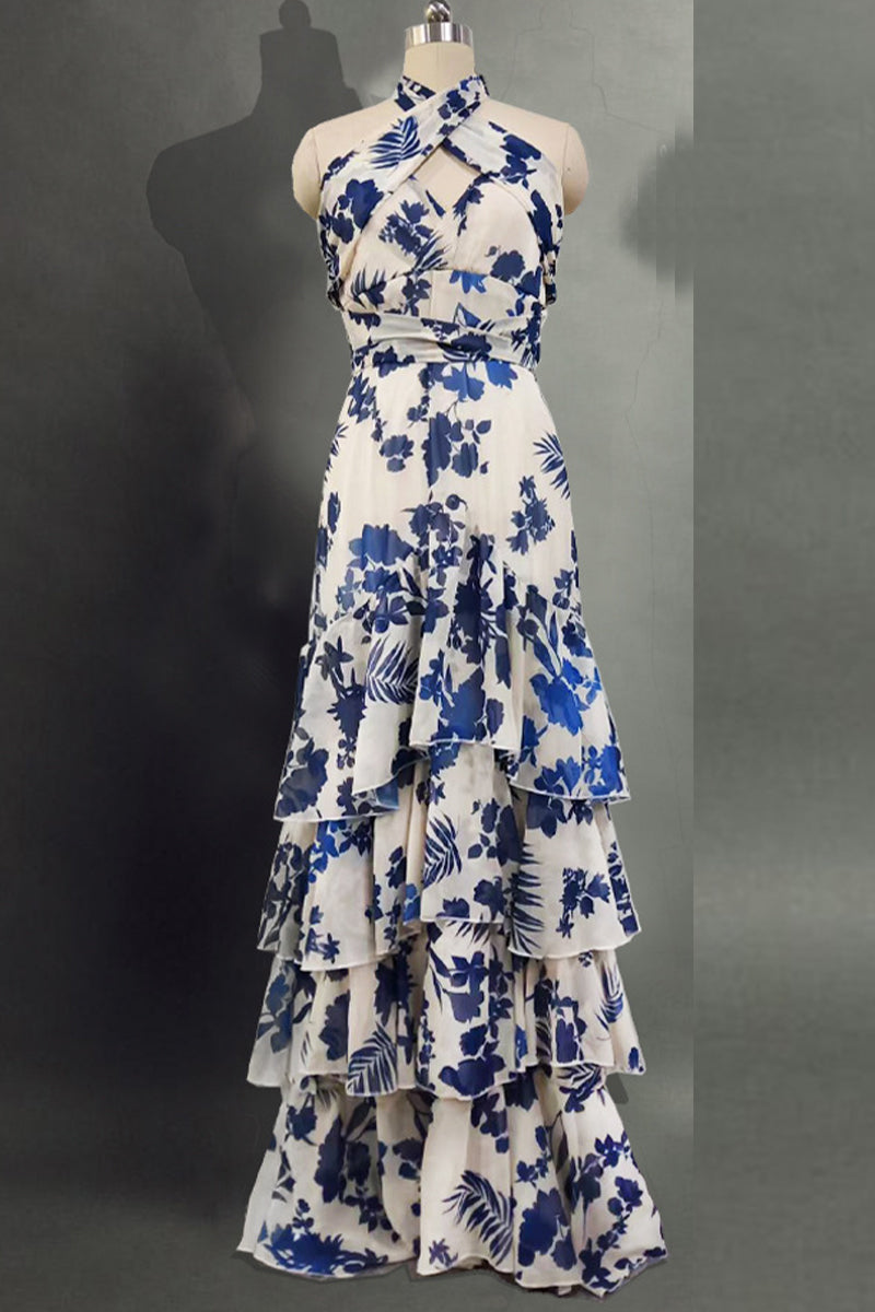Edith® | Elegant asymmetrical irregular halterneck dresses with floral flounce