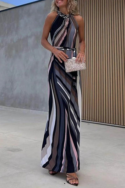 Dalia® | Elegant bandage contrast halter dresses with one tier skirt and geometric print