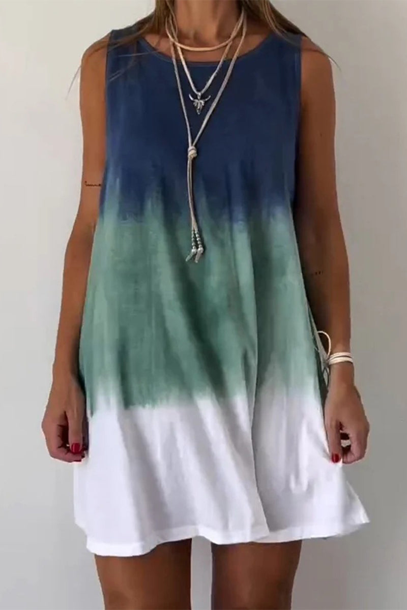 Bianca® | Casual tie-dye contrast gradient sleeveless dresses with O-neck