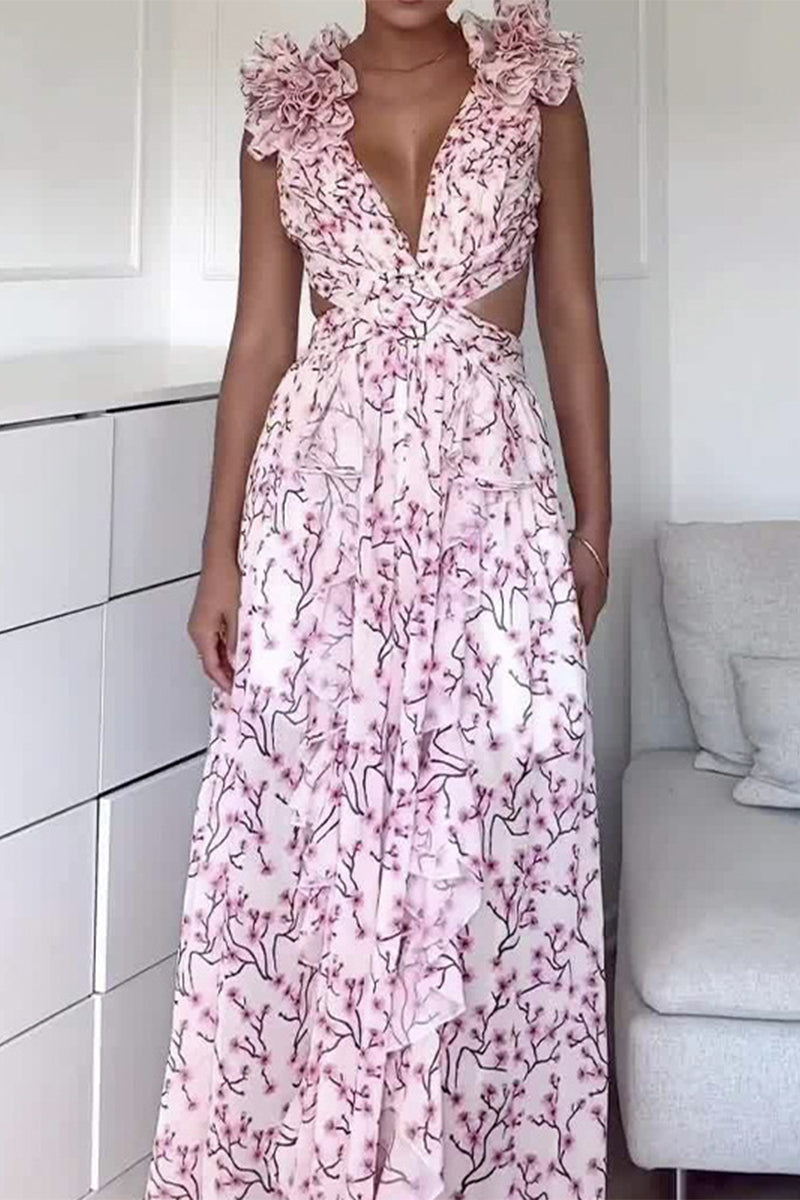 Carina® | Casual Floral Hollow Out Pleated Tiered V-Neck Selvedge Waist Skirt Dresses (3 Colors)