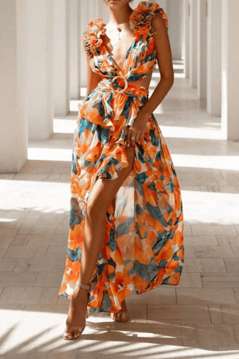 Carina® | Casual Floral Hollow Out Pleated Tiered V-Neck Selvedge Waist Skirt Dresses (3 Colors)