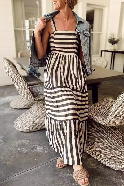 Araceli® | Sling dresses with striped patchwork patchwork and square collar