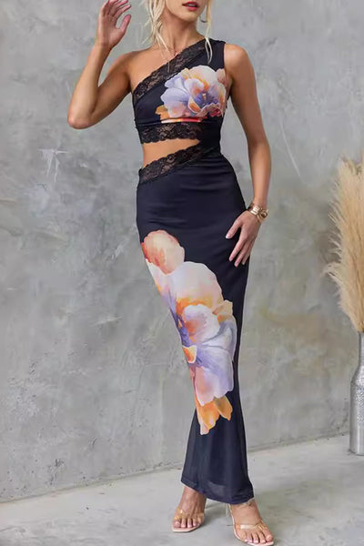 Aida® | Sexy Print Floral Lace Bias Collar One Step Skirt Dresses